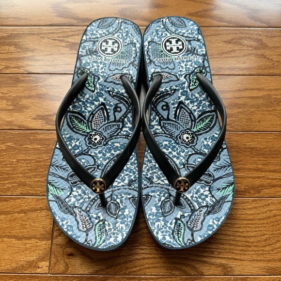Tory Burch Women's Black / Navy Thandie Wedge Flip Flops - Picture 2 of 10